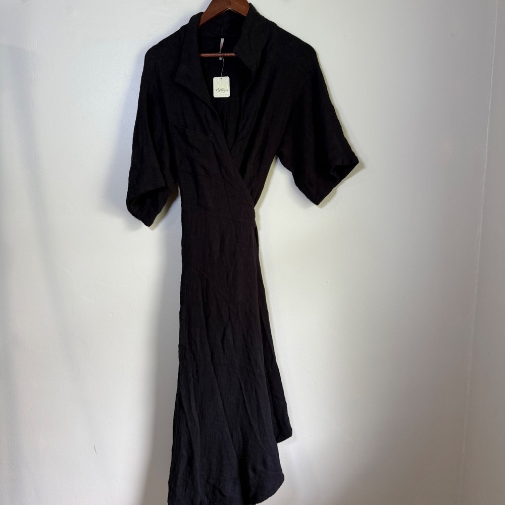 NWT Free People C8144 Textured Linen Blend Wrap Midi Dress Size Small Black